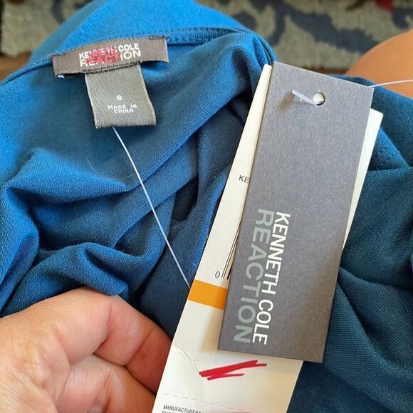 NWT Kenneth Cole Reaction teal blue drape neck short sleeve top with studs - Picture 7 of 9